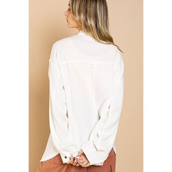 POL Clothing Button Up Dad Shirt Shacket Top Oversized Fit Off White S-L YKT433 - Picture 7 of 7